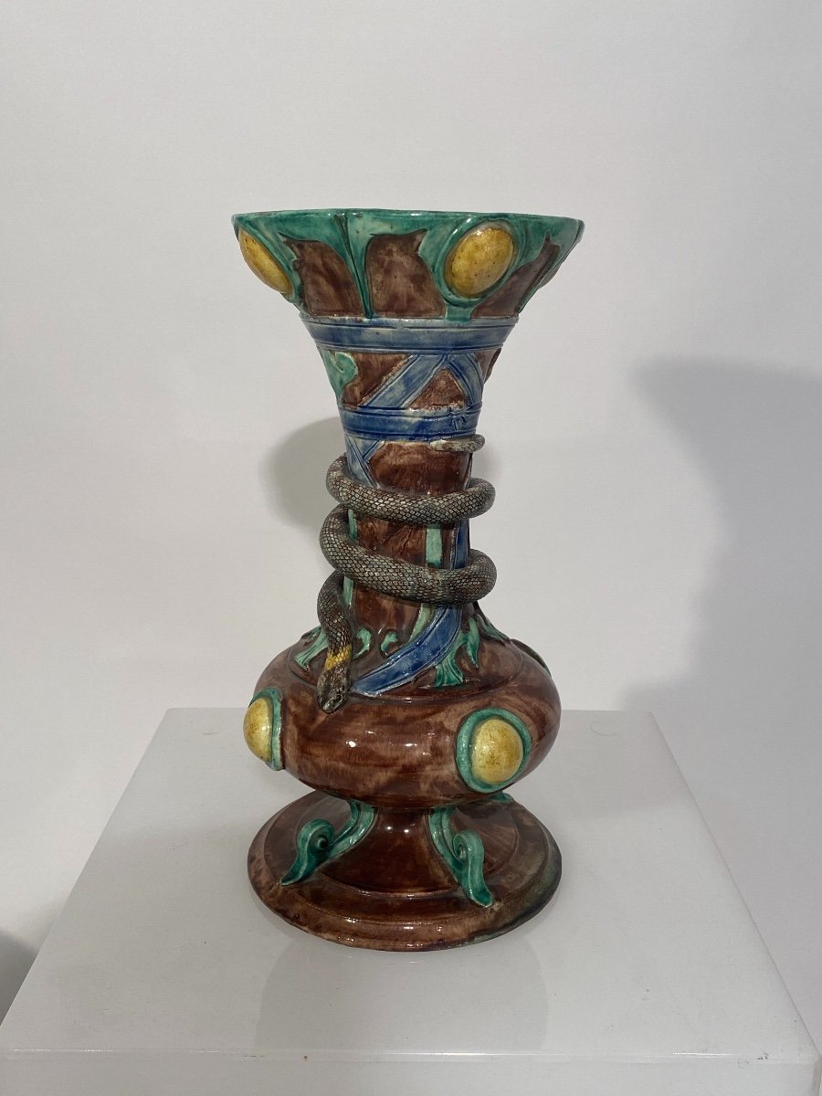 Vase Balustre En Faïence Polychrome décor au serpent-photo-2