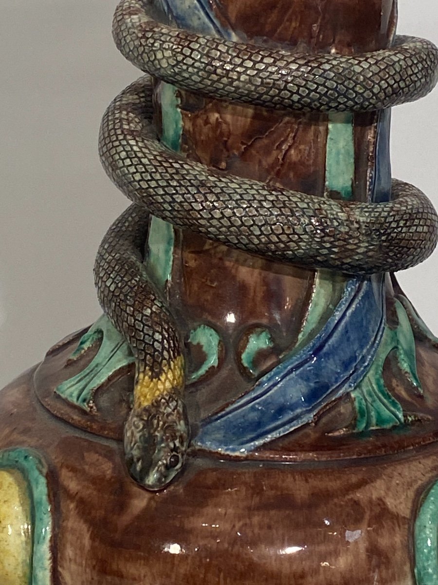 Vase Balustre En Faïence Polychrome décor au serpent-photo-3