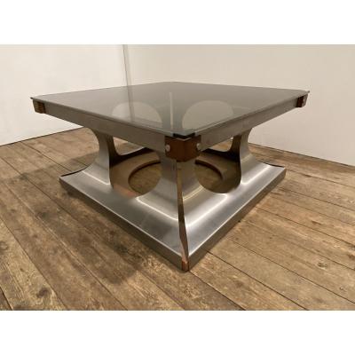 Table Basse Design 1970 Acier, Verre Et Bois