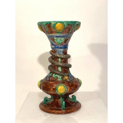 Baluster Vase In Polychrome Earthenware Snake Decor