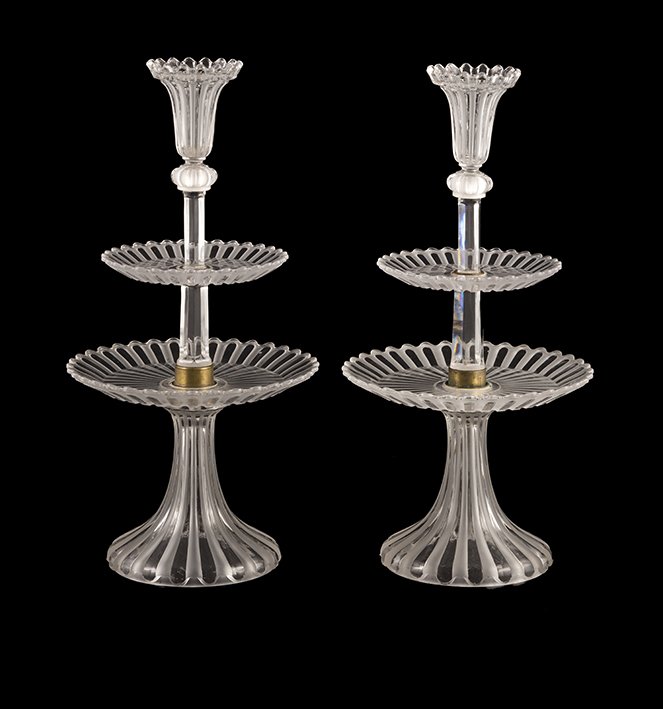 Pair Of Display Stands With Two Crystal Trays Size ', Signed' Baccarat