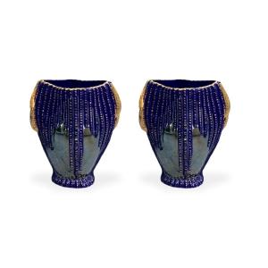 Pair Of Blue Porcelain Vases With Gilded And Luster  Decorations