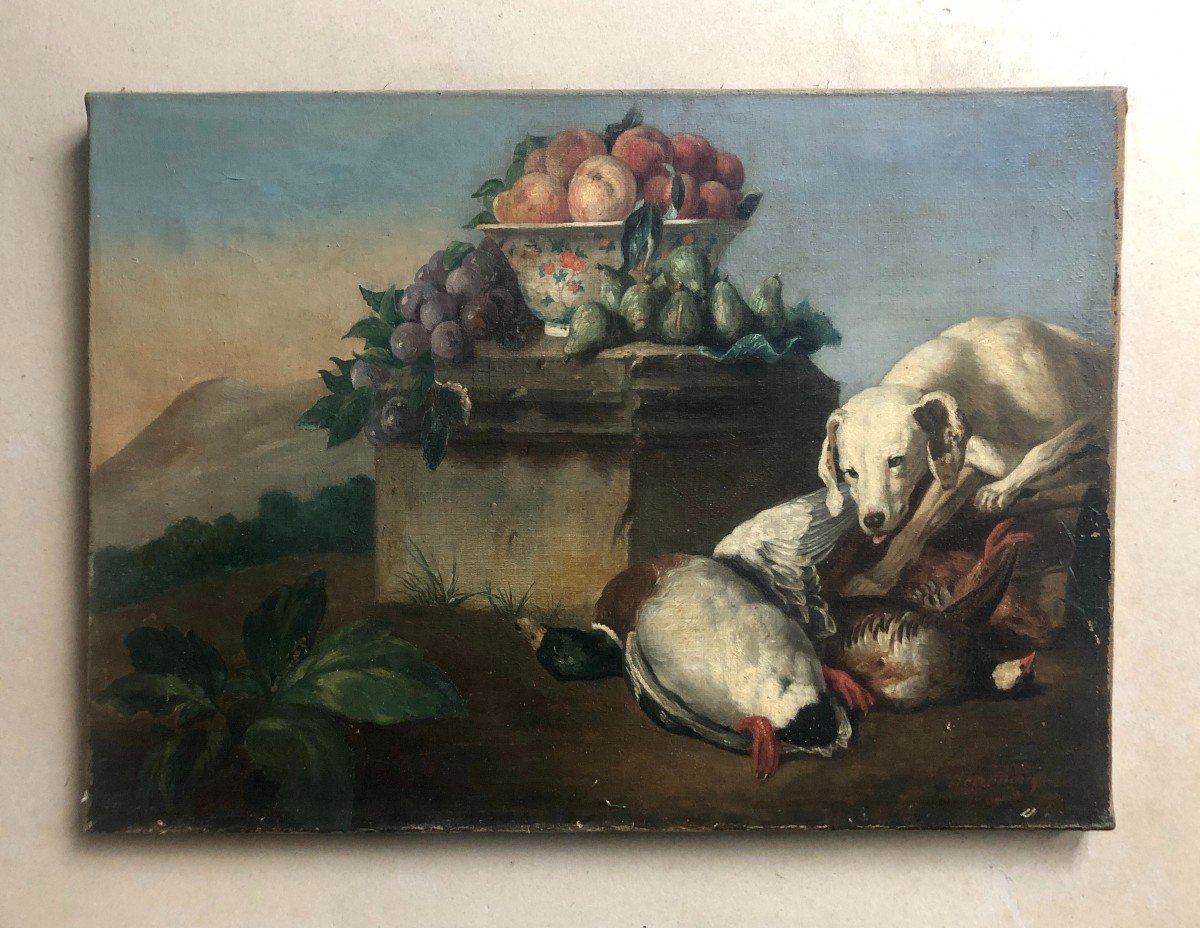 Chien De Chasse, Gibier Et Coupe De Fruits, Huile Sur Toile XIXe-photo-2