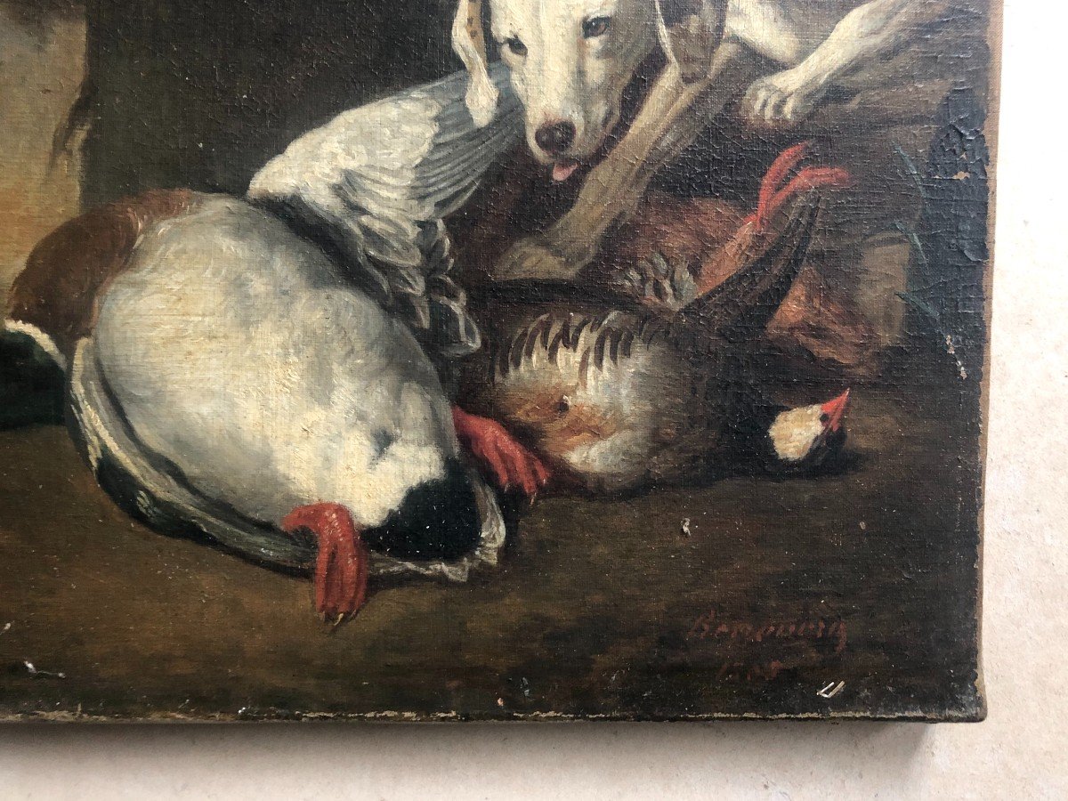 Chien De Chasse, Gibier Et Coupe De Fruits, Huile Sur Toile XIXe-photo-2