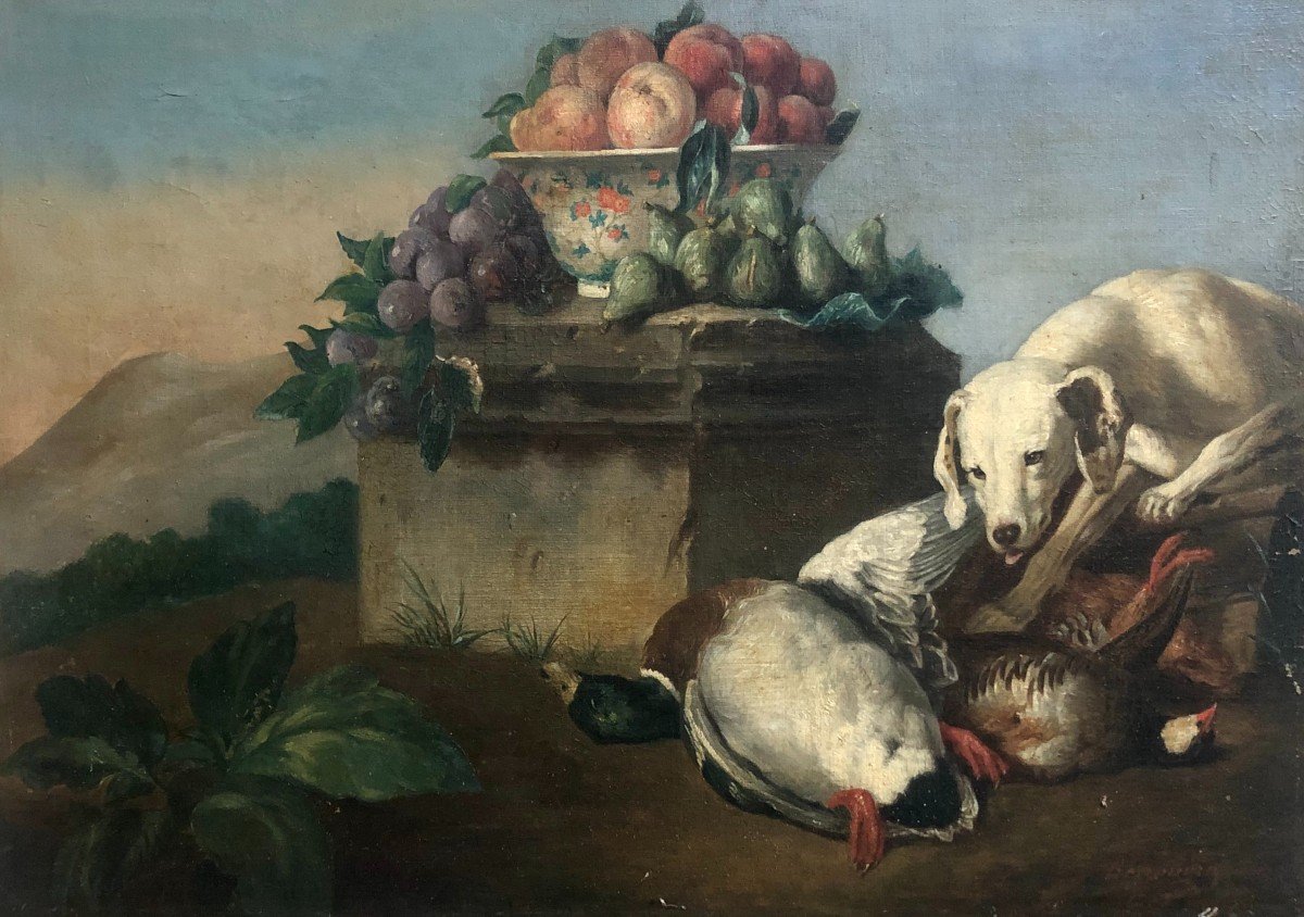 Chien De Chasse, Gibier Et Coupe De Fruits, Huile Sur Toile XIXe