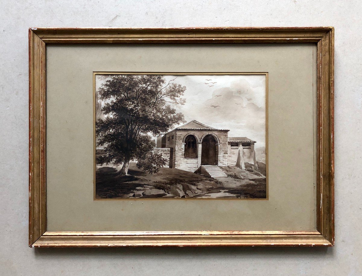 Petit Temple, Lavis d'Encre Monogrammé Et Daté 1831-photo-2