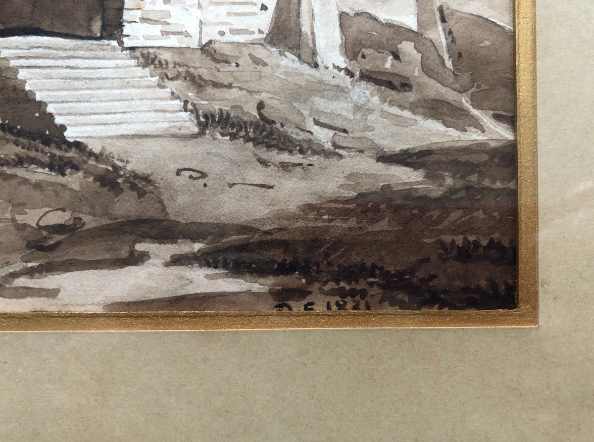 Petit Temple, Lavis d'Encre Monogrammé Et Daté 1831-photo-3