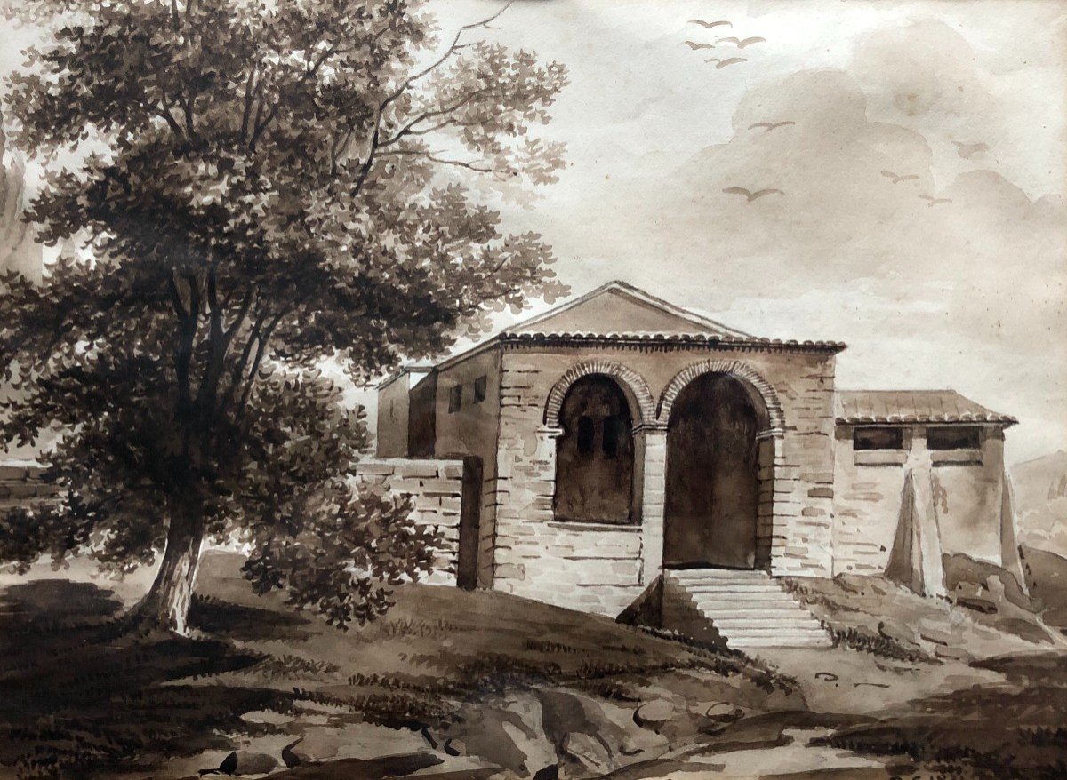 Petit Temple, Lavis d'Encre Monogrammé Et Daté 1831