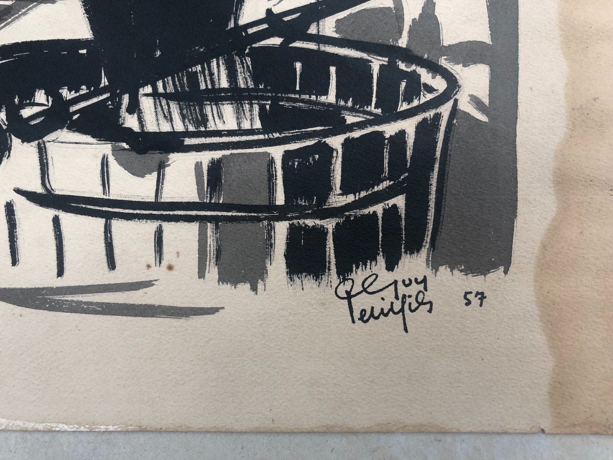 Guy Petitfils, The Glass Workshop, Ink Drawing Dated 57-photo-3