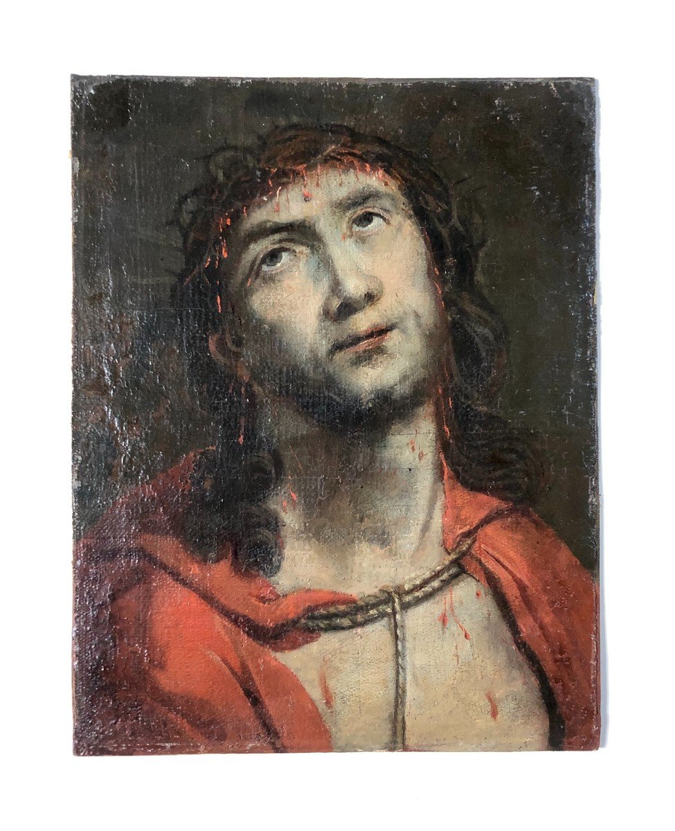 Christ With The Crown Of Thorns, Oil On Canvas Mounted On Cardboard, Eighteenth Or Before-photo-2