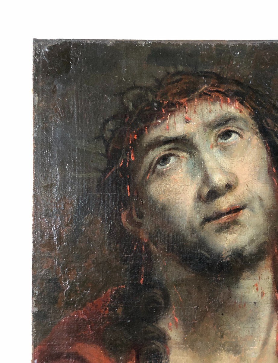 Christ With The Crown Of Thorns, Oil On Canvas Mounted On Cardboard, Eighteenth Or Before-photo-3