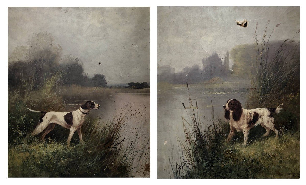 Hunting Dogs, Pair Of Oils On Canvas, Late 19th Century