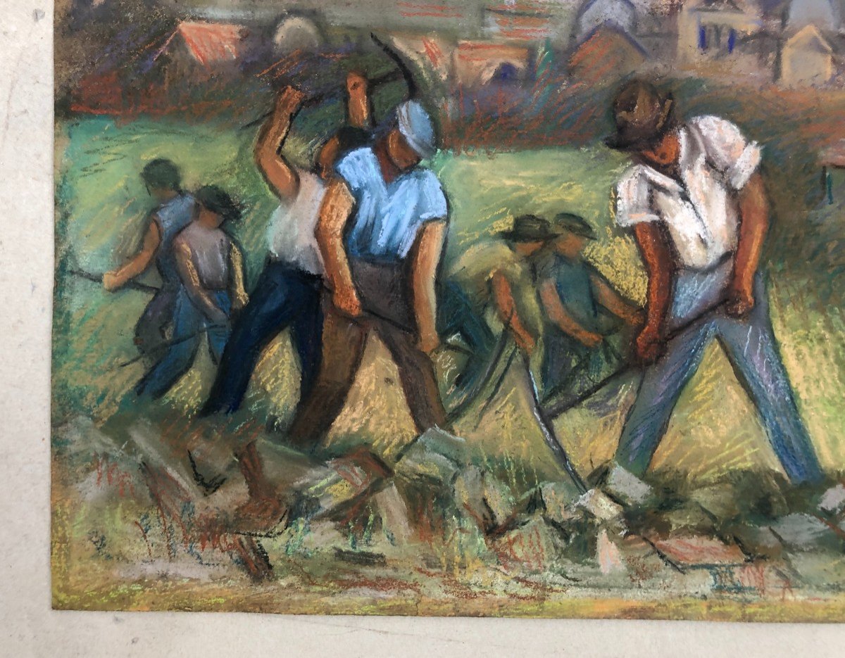 Ouvriers Sur Le Chantier, Pastel Début XXe, Ecole Etrangère-photo-2