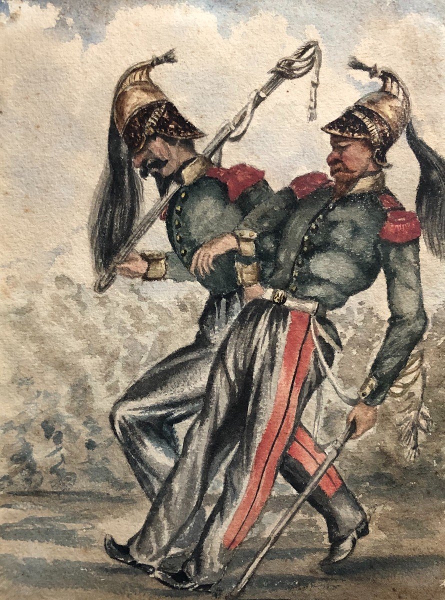 Avined Soldiers, Humorous Watercolor, 19th Century