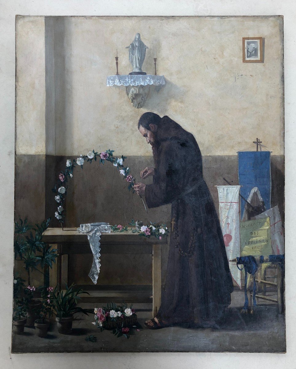 Monk Preparing The Feast Of The Rosary, Oil On Canvas 19th Century-photo-2