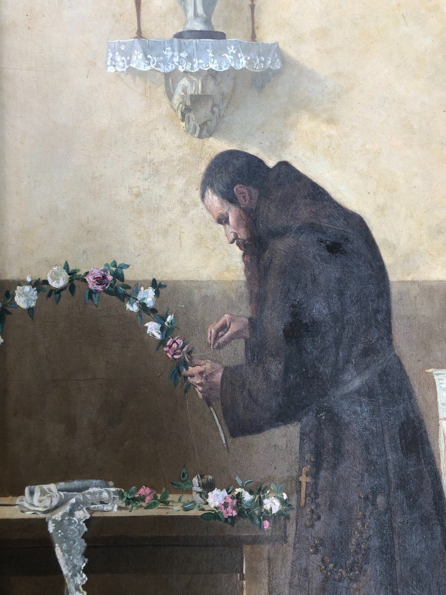 Monk Preparing The Feast Of The Rosary, Oil On Canvas 19th Century-photo-3