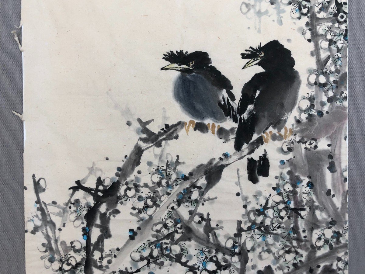 Trendy Birds, Chinese Watercolor Early 20th Century, Large Format-photo-3