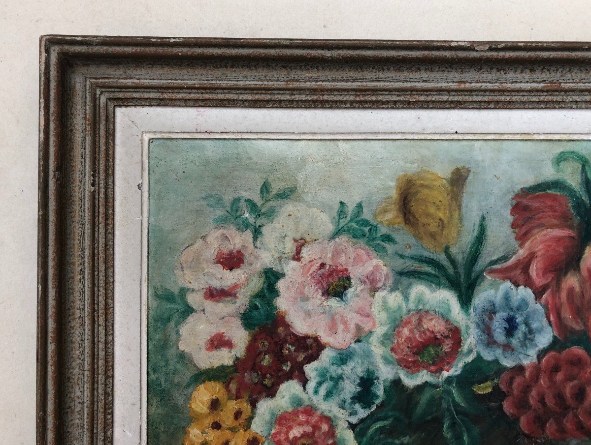 Bouquet Of Flowers, Oil On Monogrammed Canvas, Early 20th Century-photo-3
