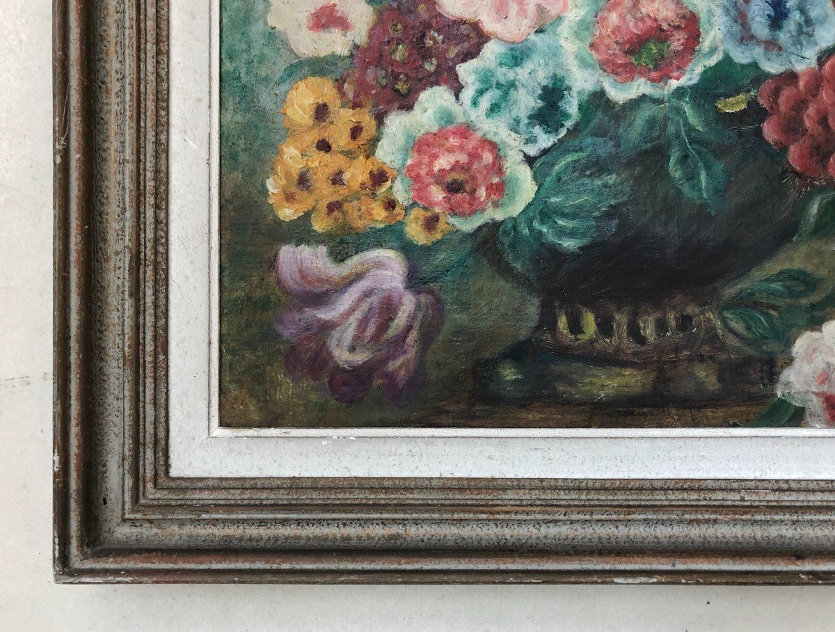 Bouquet Of Flowers, Oil On Monogrammed Canvas, Early 20th Century-photo-2