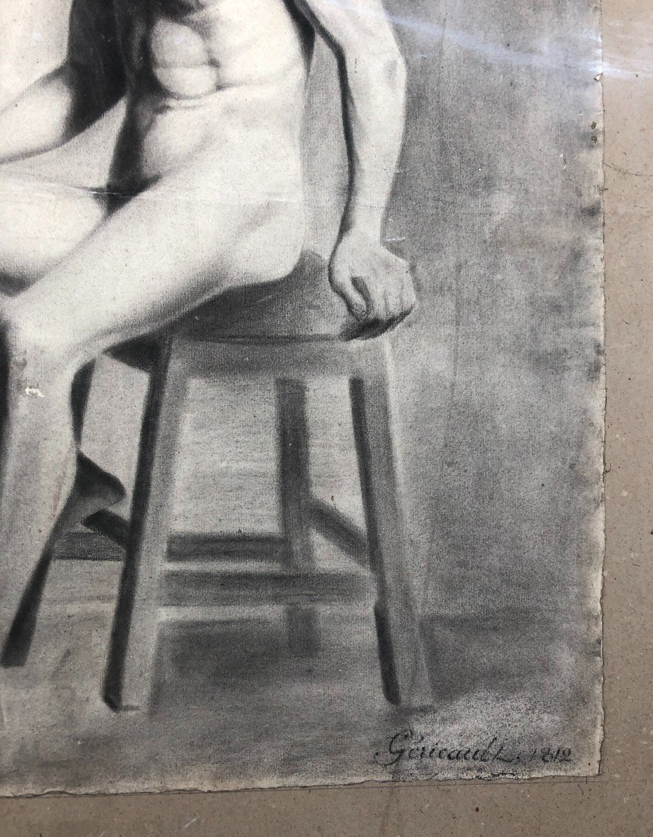 Academy, Male Nude, 19th Century Drawing-photo-1