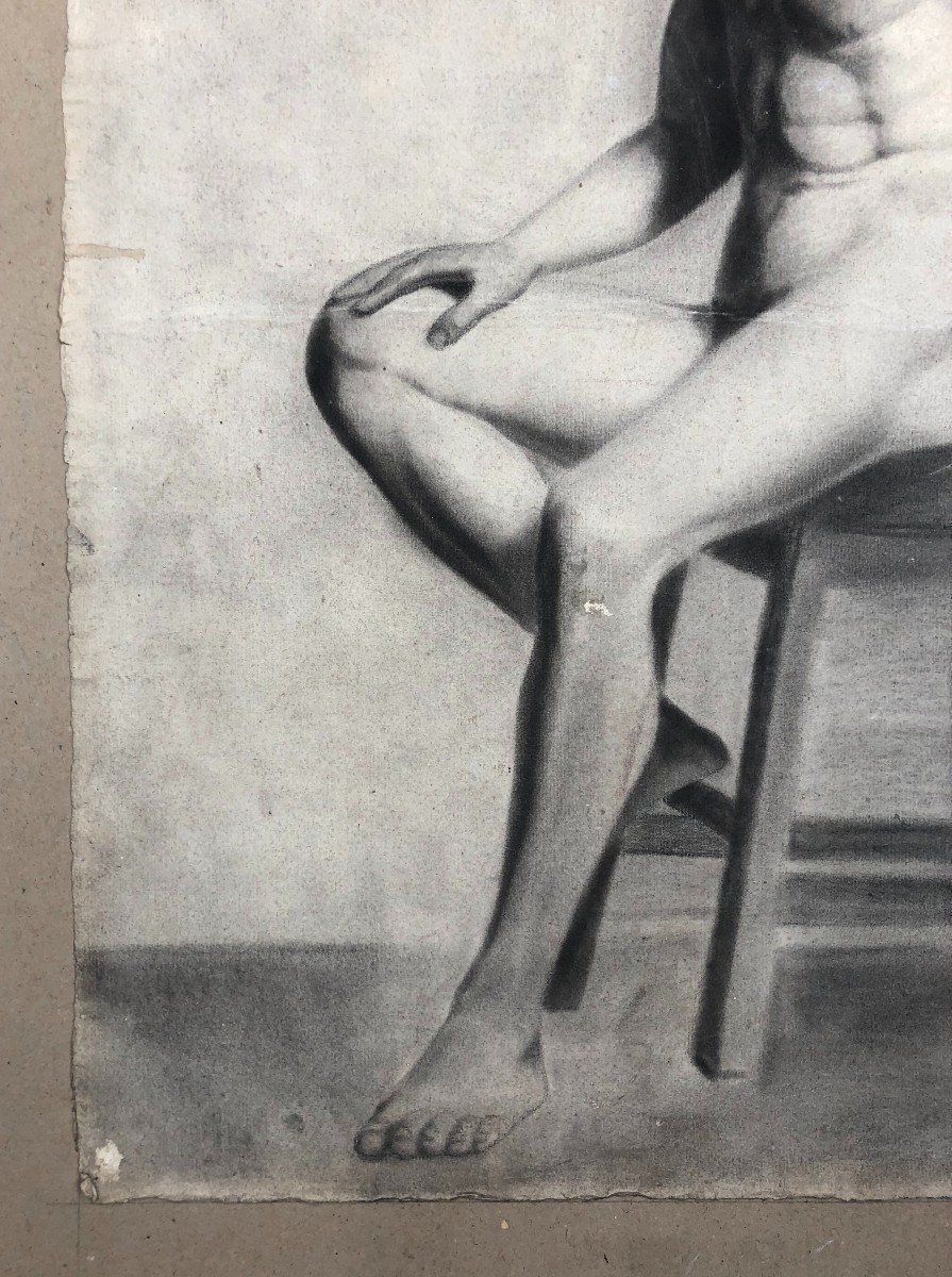 Academy, Male Nude, 19th Century Drawing-photo-2