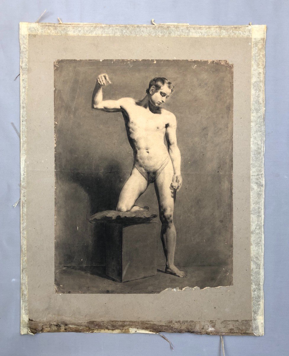 Academy, Male Nude, 19th Century Drawing-photo-2