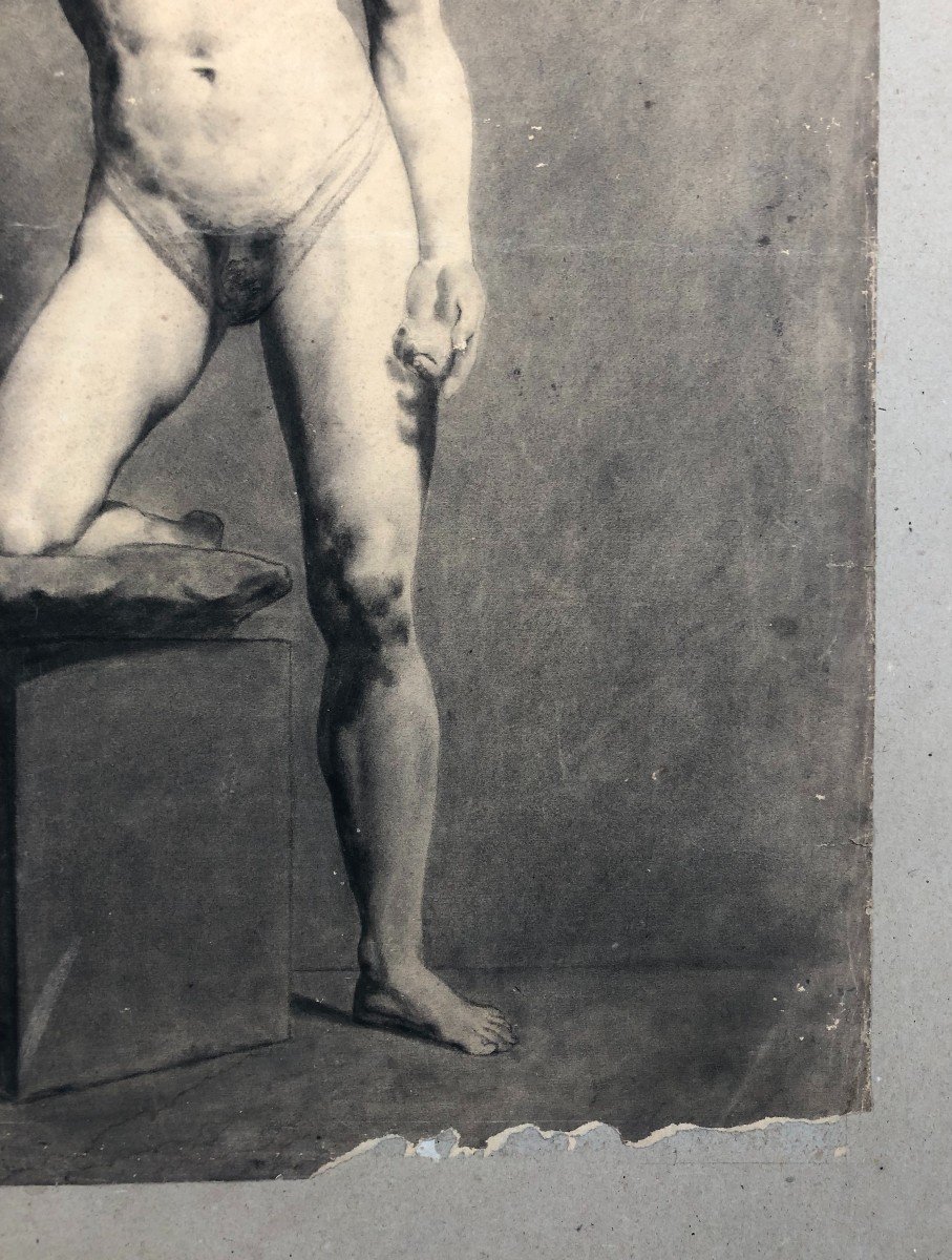 Academy, Male Nude, 19th Century Drawing-photo-1