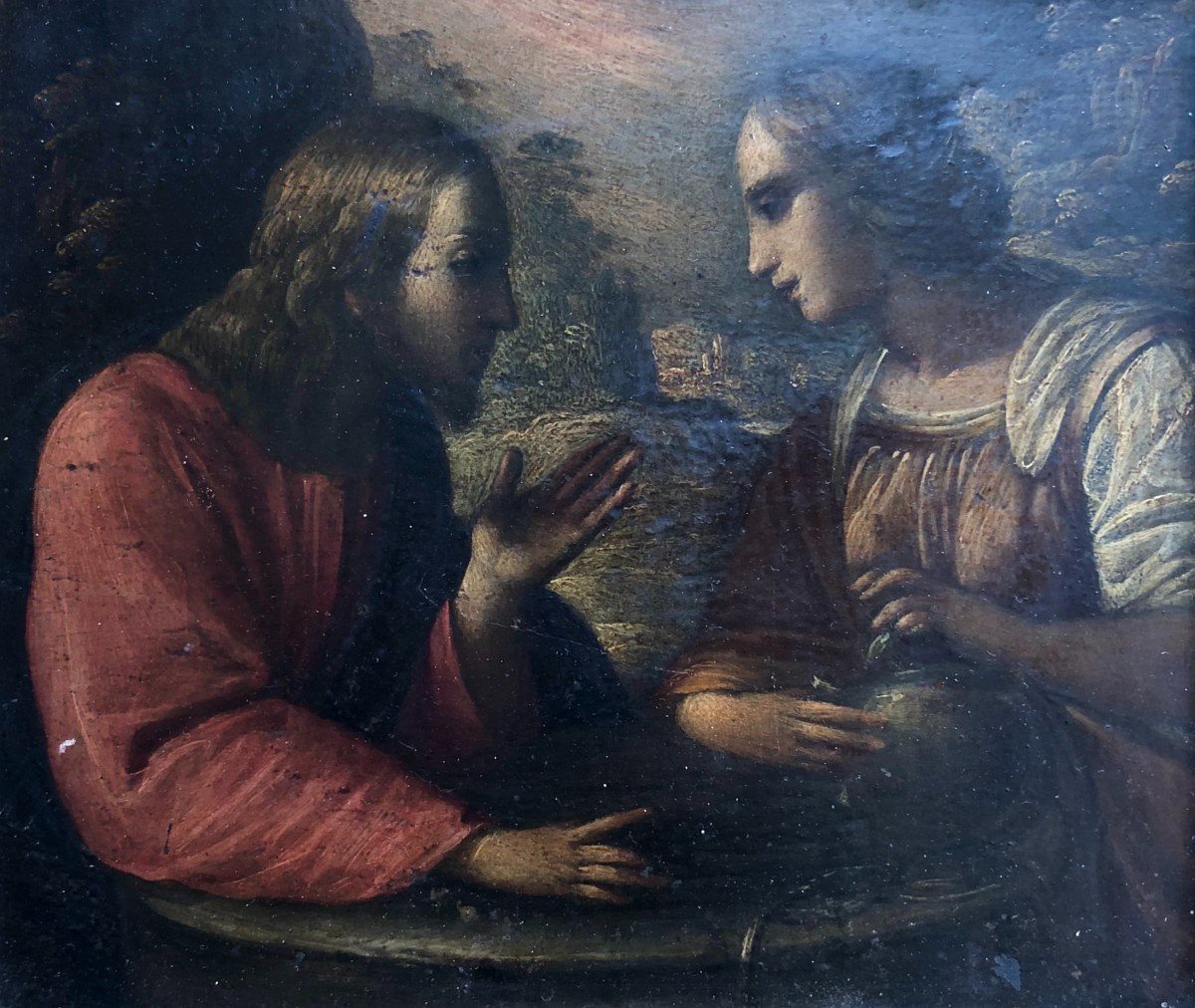 Jesus And The Samaritan Woman, Oil On Slate, 17th Century Italian School