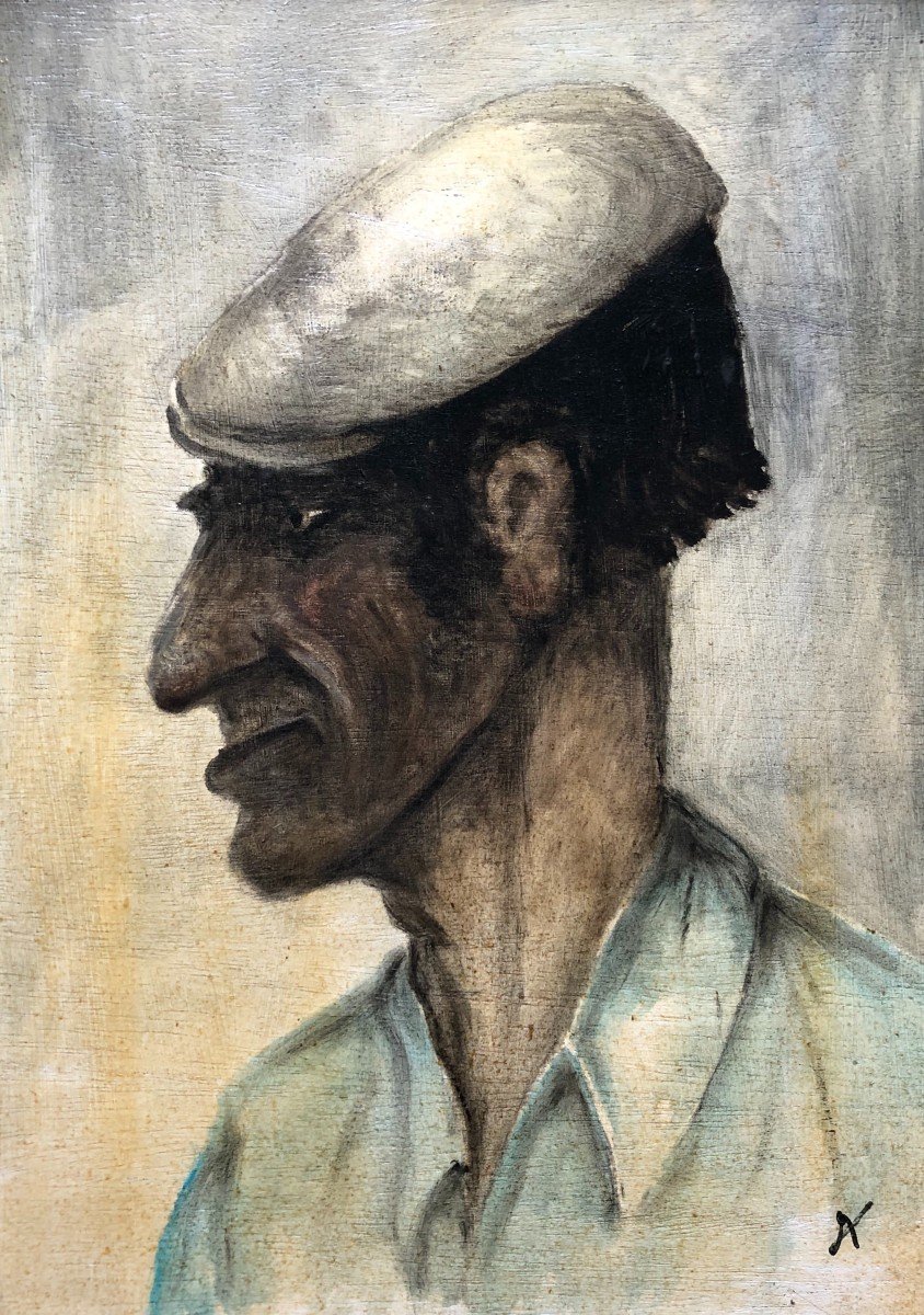 Portrait Of A Man In A Beret, Oil On Panel, 20th Century-photo-2