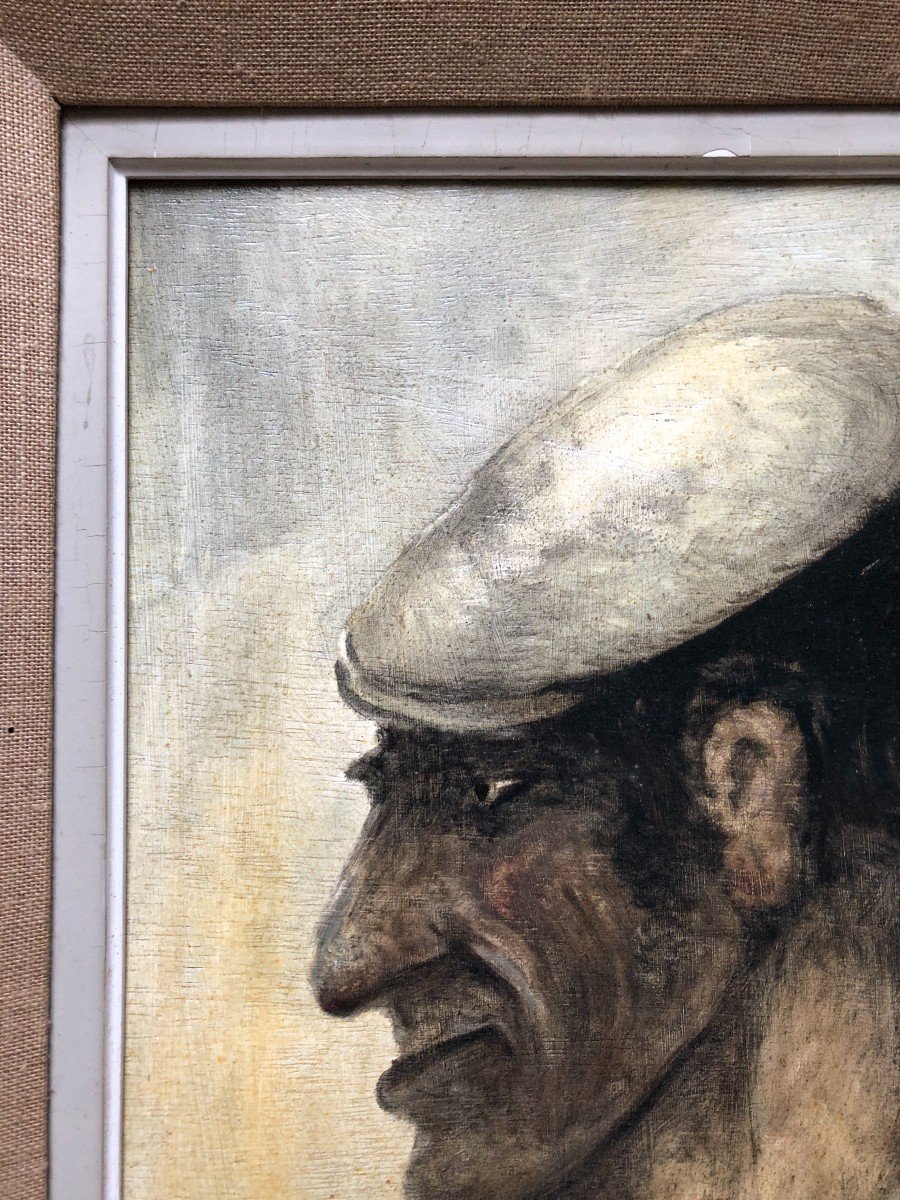 Portrait Of A Man In A Beret, Oil On Panel, 20th Century-photo-3