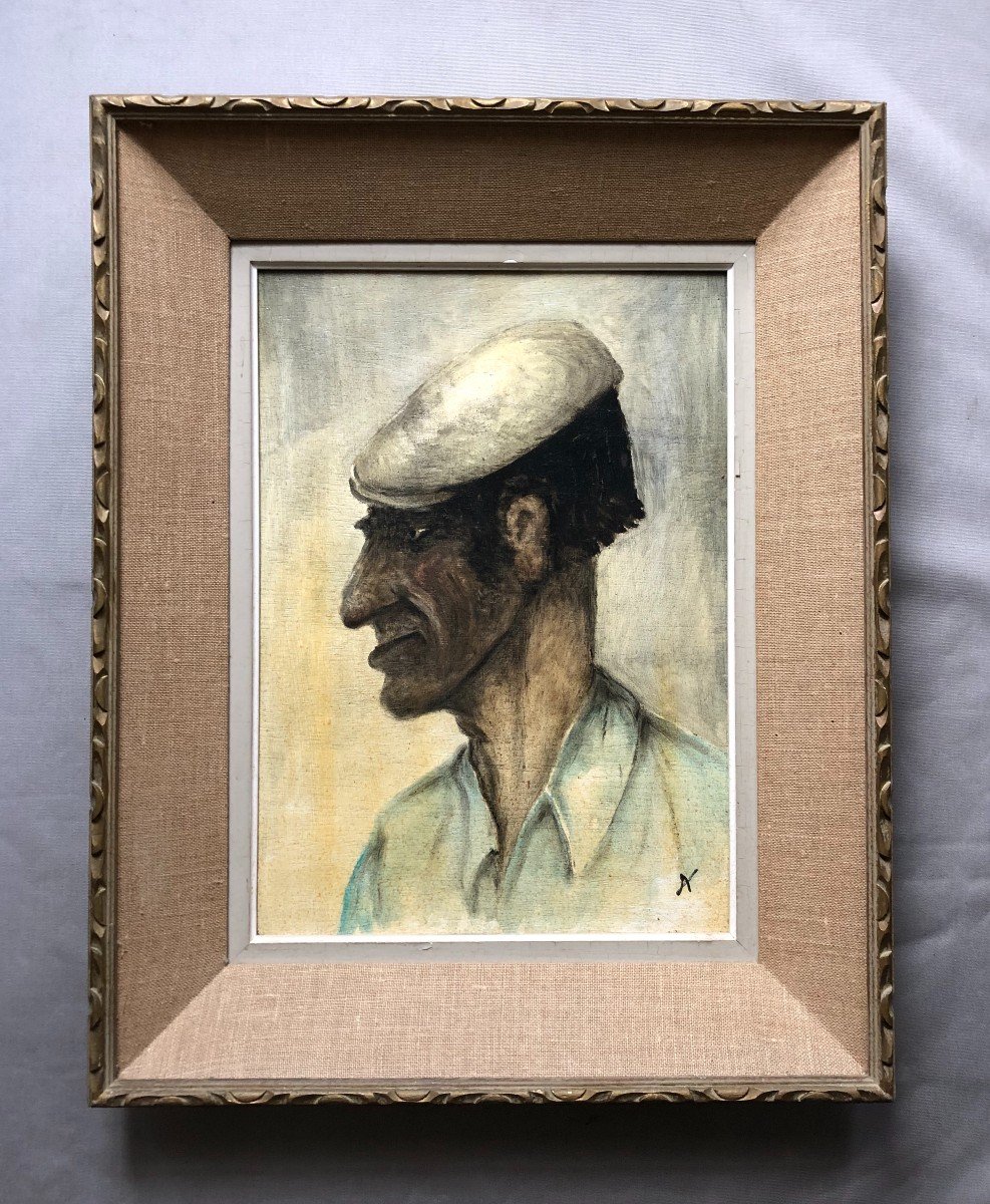 Portrait Of A Man In A Beret, Oil On Panel, 20th Century