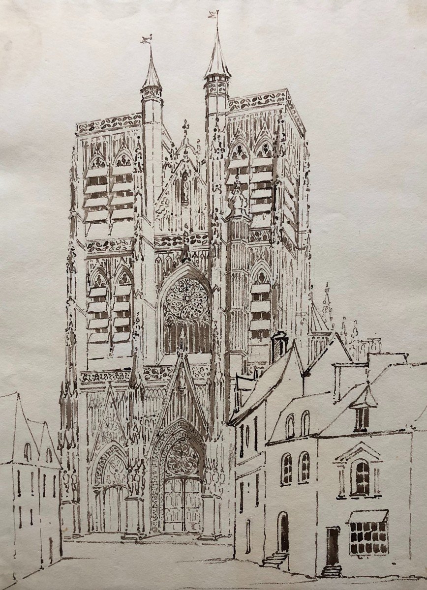 Facade Of The Notre Dame Church In Abbeville, Drawing In Brown Ink