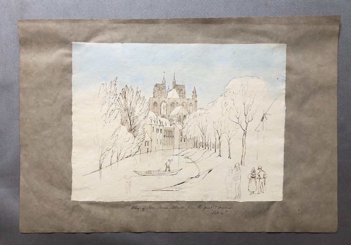 Notre Dame Church In Abbeville From The Pont d'Amour, Brown Ink And Watercolor-photo-2