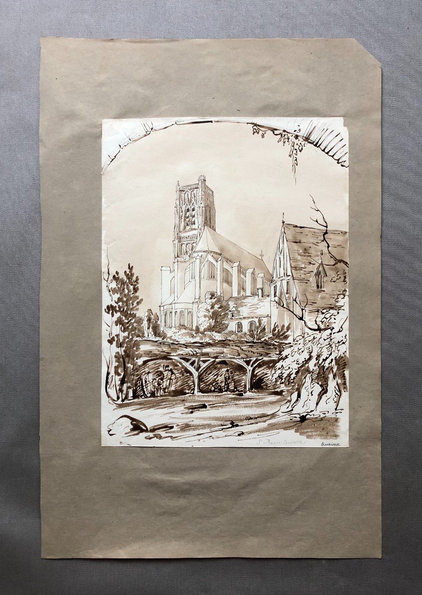 l'Eglise Saint Pierre à Auxerre, Lavis d'Encre Brune-photo-2