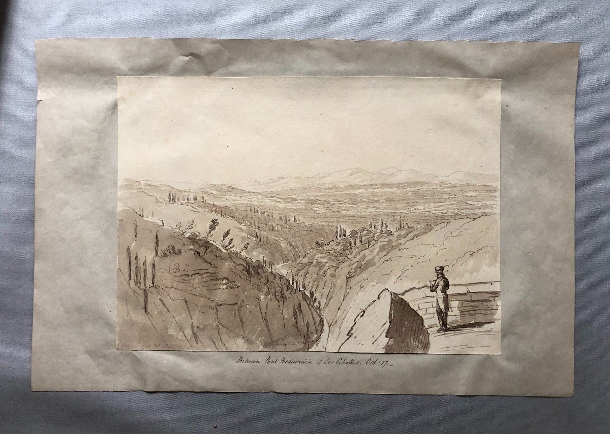 Landscape Between Pont De Beauvoisin And Les Echelles, Brown Ink Wash, 19th Century-photo-2