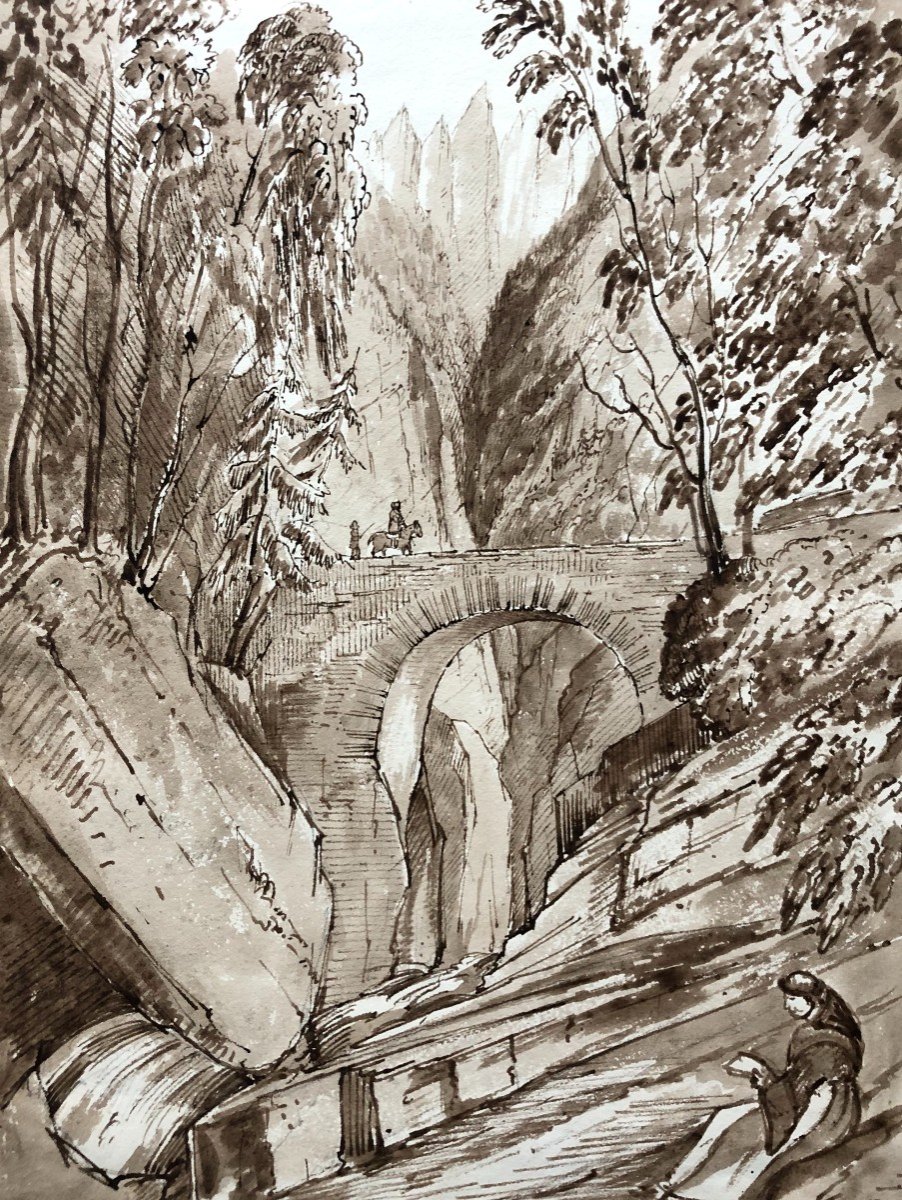 On The Way Toward La Grande Chartreuse, Brown Ink Wash, 19th Century