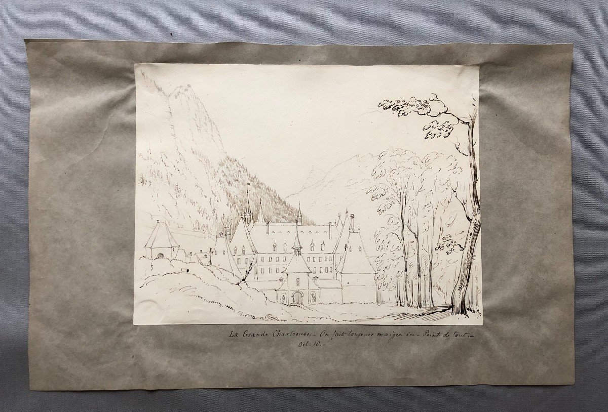 Grande Chartreuse Monastery, Brown Ink Drawing-photo-2