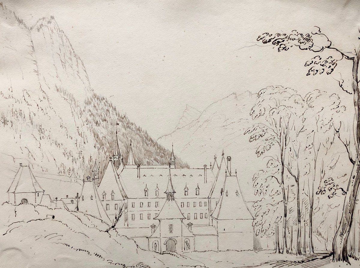 Grande Chartreuse Monastery, Brown Ink Drawing