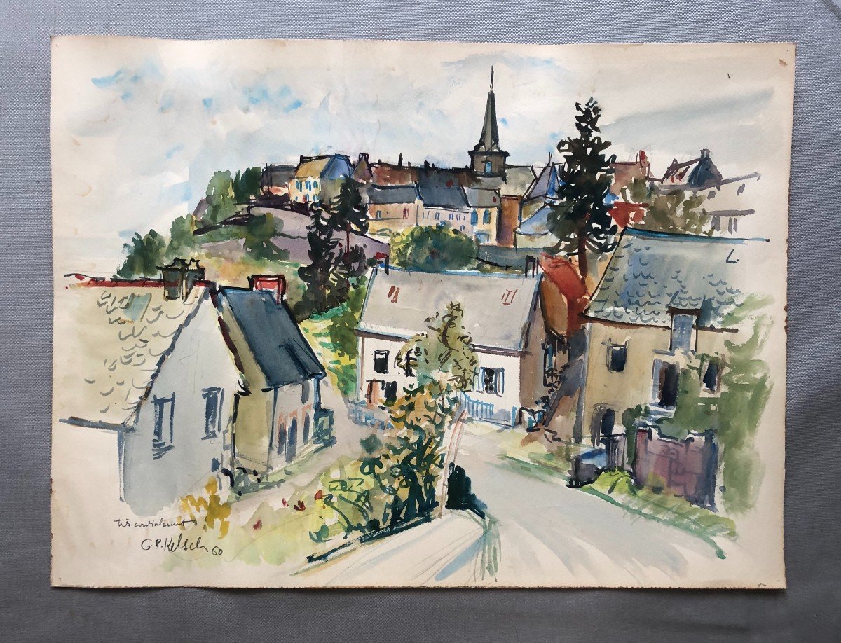 Village View, Watercolor Signed Kelsch 60-photo-2