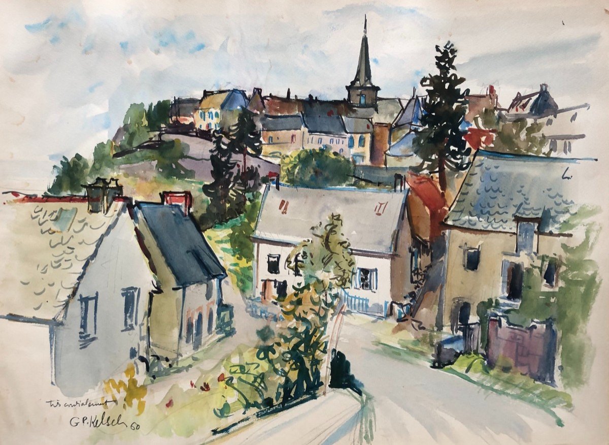 Village View, Watercolor Signed Kelsch 60