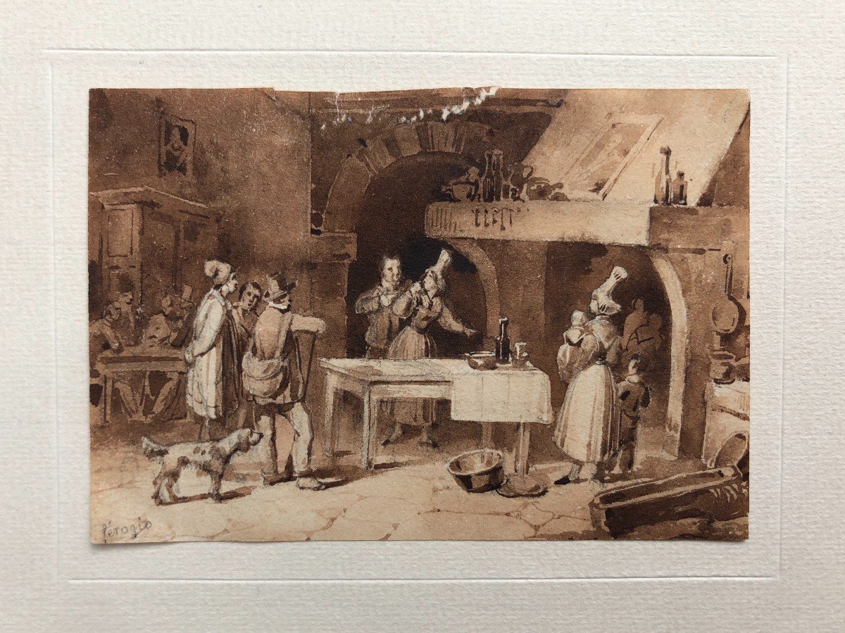 Tavern Scene, 19th Century Drawing, Brown Ink Wash