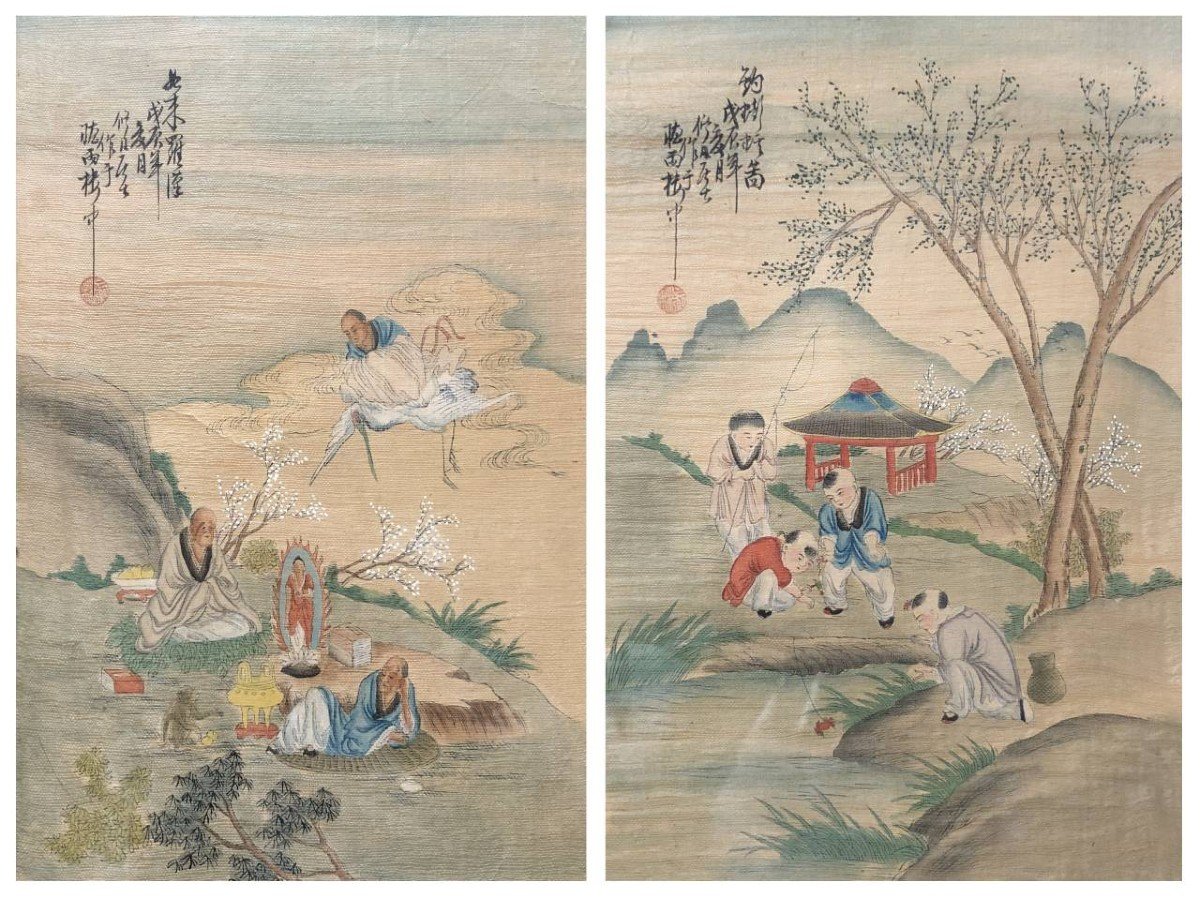 Pair Of Watercolors On Silk, Asia, Early 20th Century 