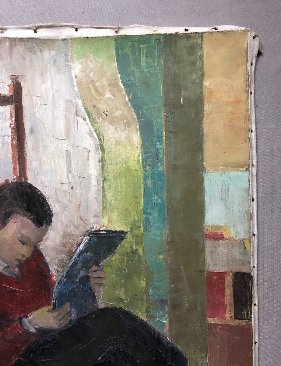 Child Reading, Oil On Canvas, 20th Century-photo-3