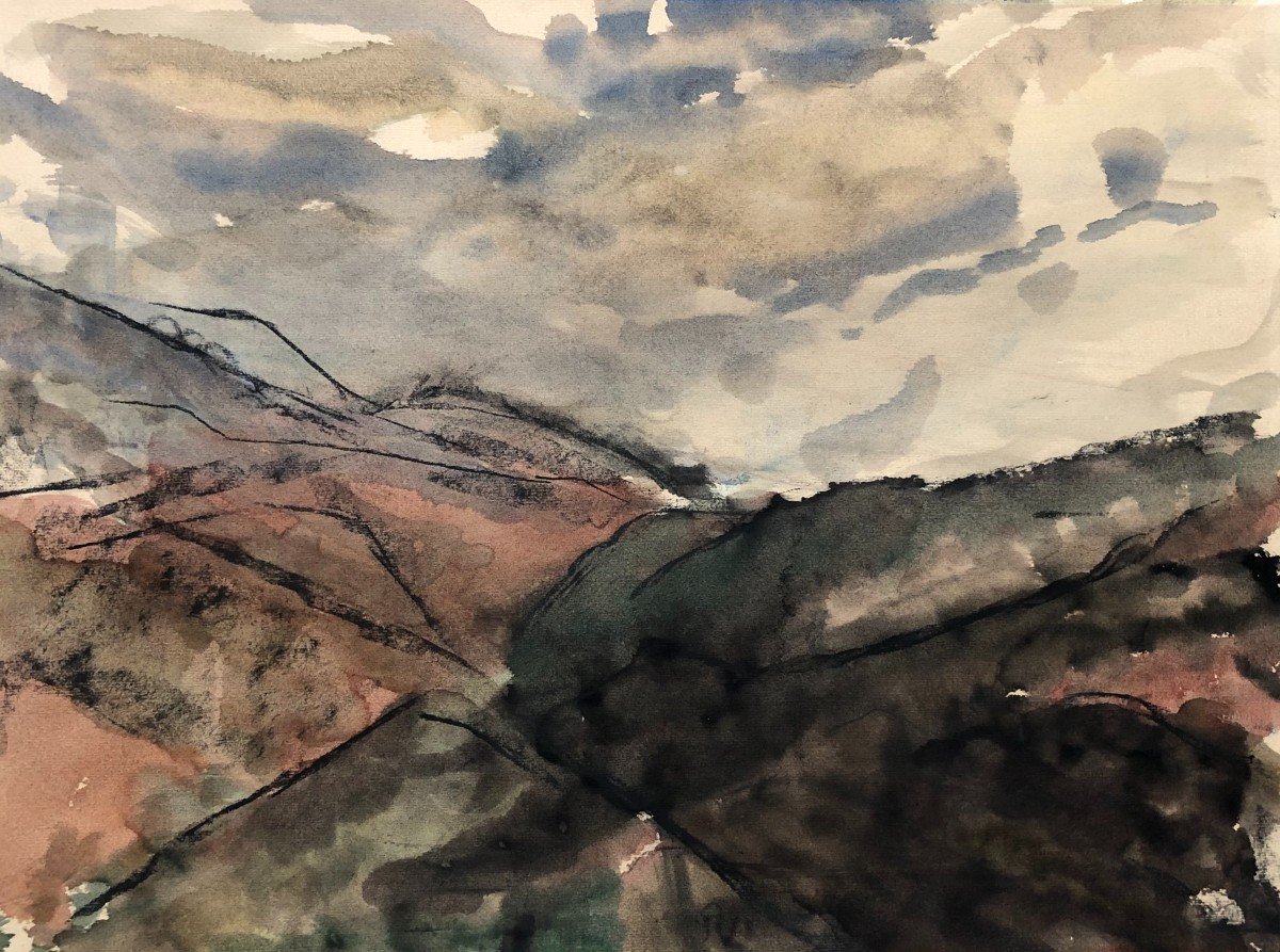 Paysage Montagneux, Aquarelle Sur Traits De Fusain, XXe