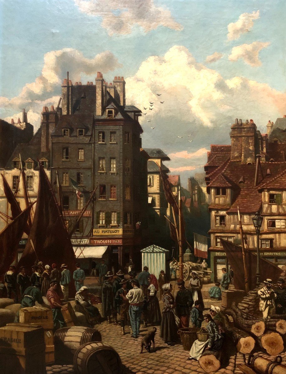  Le Havre, Quai Animé, Oil On Canvas 19th Century, Bears A Signature M. Koekkoek 