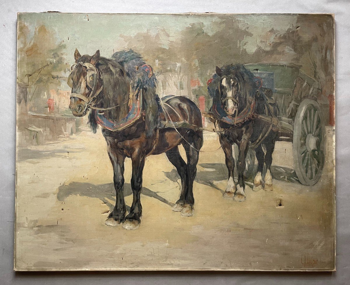 Clémentine Hélène Dufau, Harnessed Horses, Oil On Canvas, Large Format-photo-2