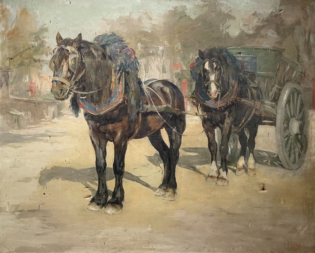 Clémentine Hélène Dufau, Harnessed Horses, Oil On Canvas, Large Format