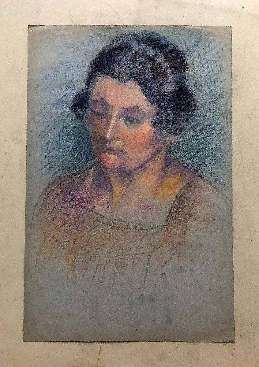 Portrait Of Woman, Pastel Early 20th Century-photo-2