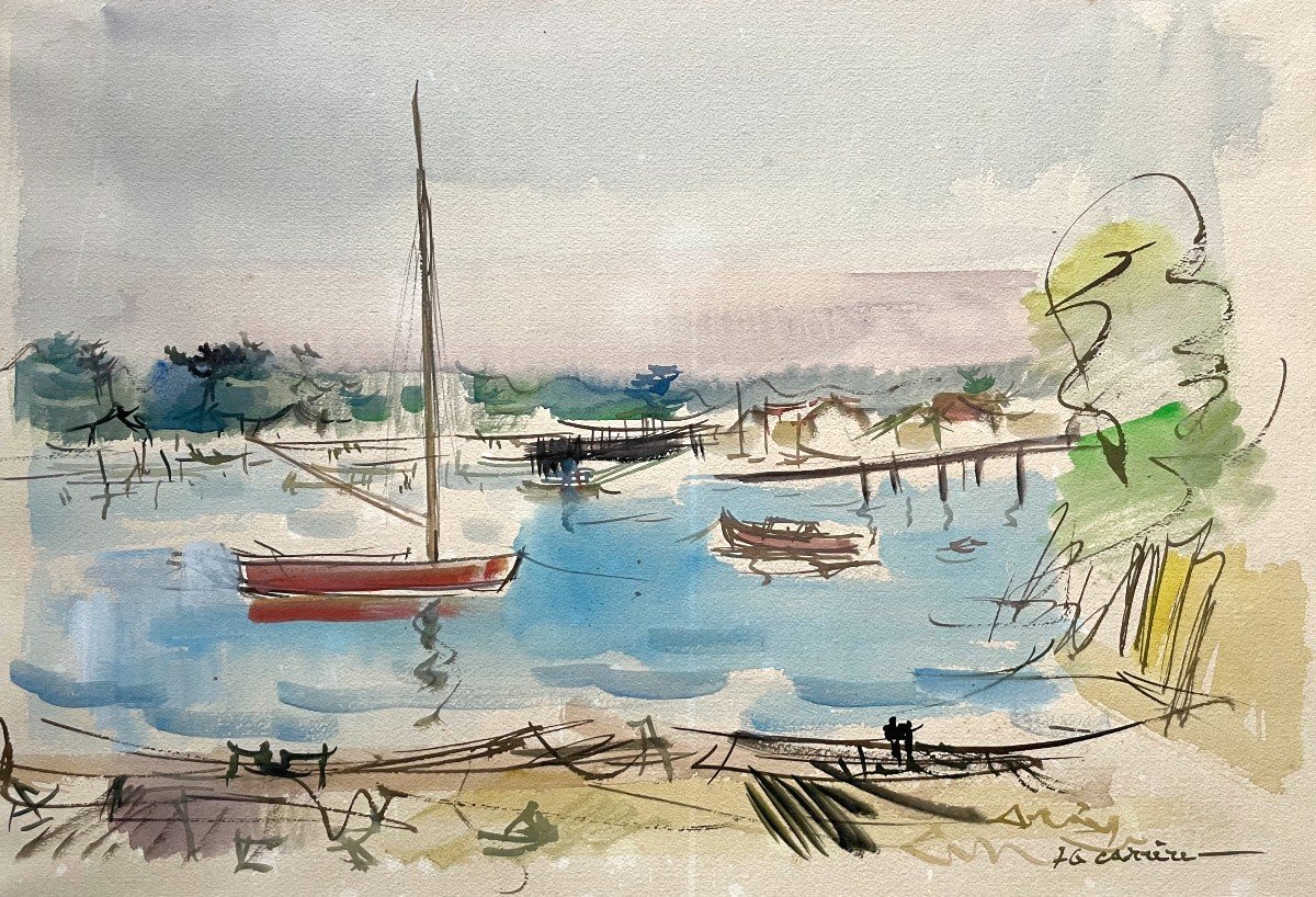 Jean Gérard Carrere, View Of The Arcachon Basin, Watercolor