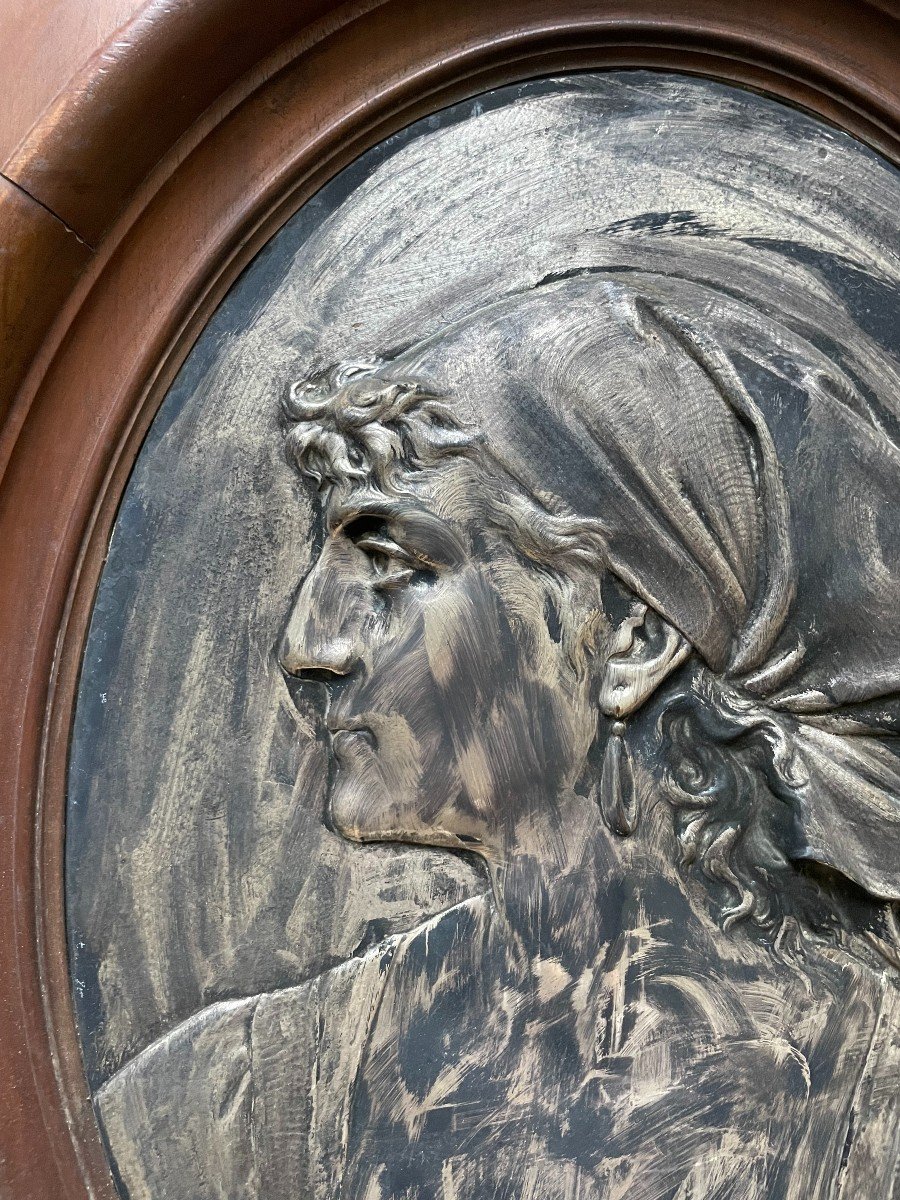 Léopold Harze, Grande Plaque Médaillon, Profil De Femme, Bronze Argenté-photo-2